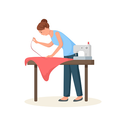 Seamstress leaned over table and hemming red cloth. Needlewoman at work sewing isolated on white background. Handmade fashion atelier dressmaker cartoon collection