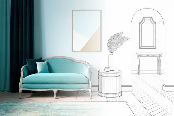3d render el boceto se convierte en un verdadero interior de la moderna sala de estar en colores turquesa frescos con un sofá clásico, un cartel en la pared, una pluma en un elegante jarrón con suelo de parquet y un espejo con una lápiz en el fondo. vista fronta