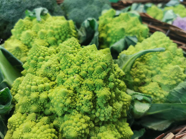 hintergrund:gruppe von blumenkohl in verschiedenen farben - romanesque broccoli cauliflower cabbage stock-fotos und bilder