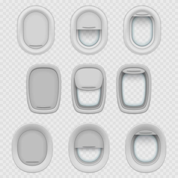 istock Set of isolated airplane or plane window with shades. Realistic opened and closed, half-open porthole for aircraft cabin interior. Jet or air vehicle plastic panel for sight. Sky trip,aviation tourism 1211130300