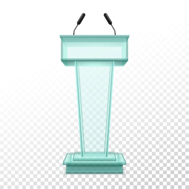 istock Vector realistic stand for press conference or glassware podium for political speaker. 3d platform with microphone or pedestal on stage or scene. Interior tribune or rostrum with mic. Audience 1211130638
