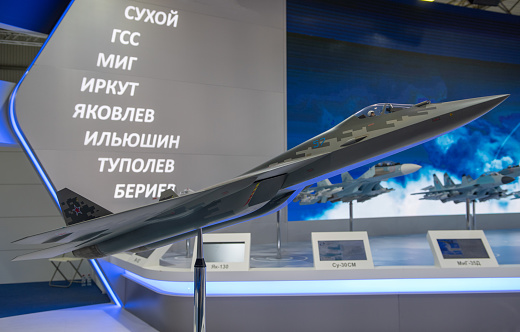 August 30, 2019. Zhukovsky, Russia. layout of the fifth-generation promising Russian multi-functional fighter Sukhoi Su-57  at the International Aviation and Space Salon MAKS 2019.
