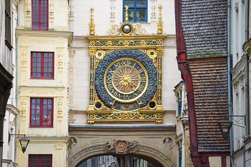 Clock, named as Gros Horloge, in Rouen, Normandy, France.
