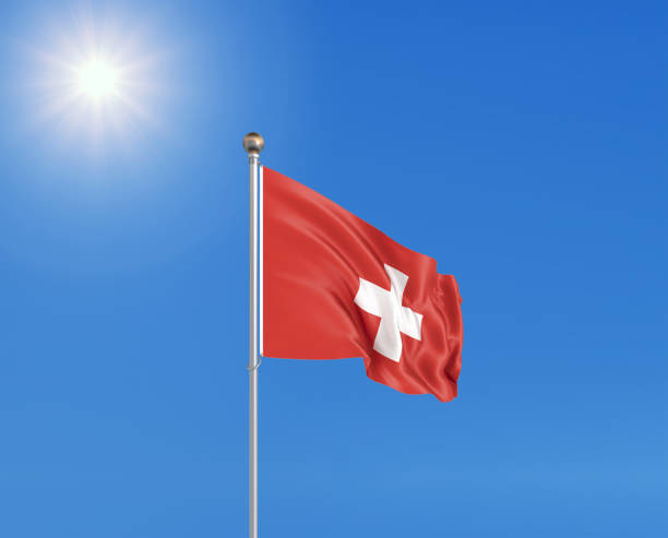 ilustracja 3d. kolorowe macha flagą szwajcarii na słonecznym tle błękitnego nieba. - switzerland flag computer graphic digitally generated image zdjęcia i obrazy z banku zdjęć