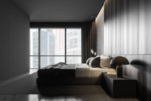 istock Wooden and gray master bedroom, side view 1211141765