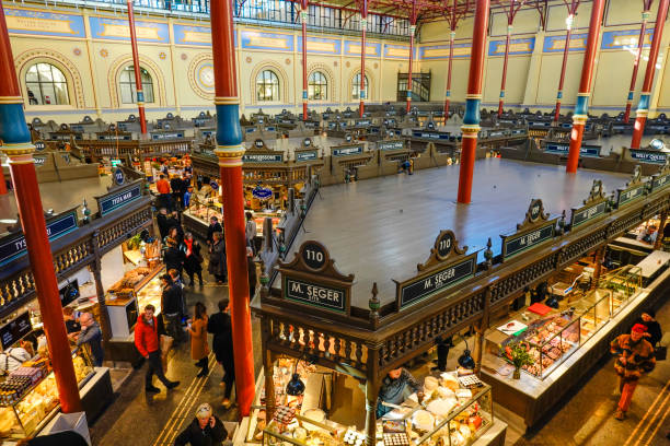 Stockholm, Sweden March 7, 2020 The interior of the newly renovated Ãstermalm Saluhall food market.