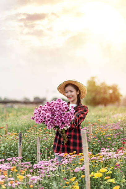 mujer sosteniendo flores de ramo - scented asia asian culture bunch fotografías e imágenes de stock