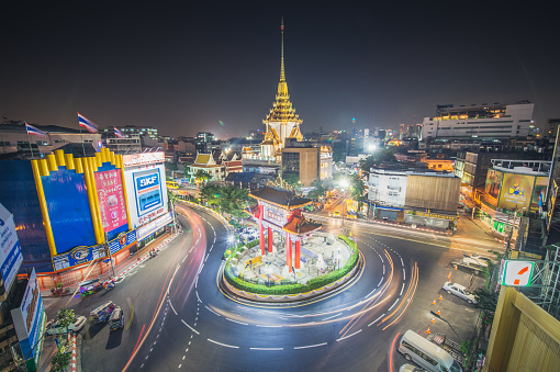 Bangkok, Thailand - November 30 2015: The Gateway Arch (Odeon Circle) and Temple, Landmark of Chinatown Bangkok Thailand