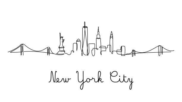 eine linie stil new york city skyline - einfache moderne minimalistische stil vektor. - empire state building urban scene new york state new york city stock-grafiken, -clipart, -cartoons und -symbole