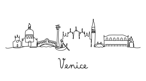 ilustrações de stock, clip art, desenhos animados e ícones de one line style venice city skyline - simple modern minimalistic style vector. - venice italy rialto bridge italy gondola