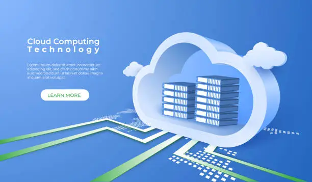 Vector illustration of Cloud computing technology background. Digital online service. 3d cloud perspective vector illustration.