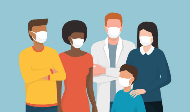 People wearing a face mask Group of people wearing surgical masks and standing together, coronavirus covid-20119 prevention and safety procedures concept cold and flu family stock illustrations