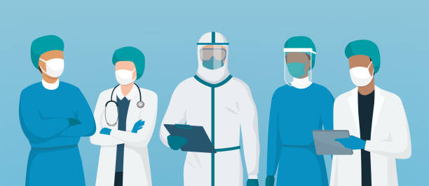 Professional doctors and nurses standing together Professional doctors and nurses wearing protective suite and standing together to fight coronavirus heroes illustrations stock illustrations