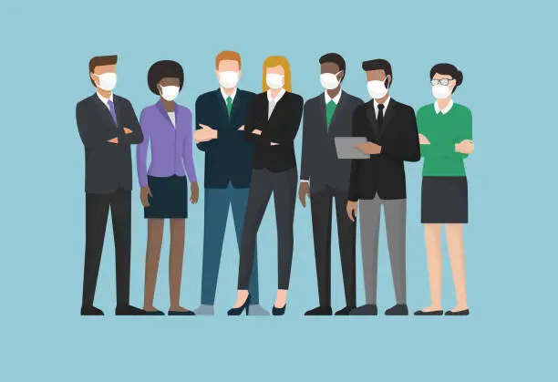 Vector illustration of Business people wearing surgical masks and standing together