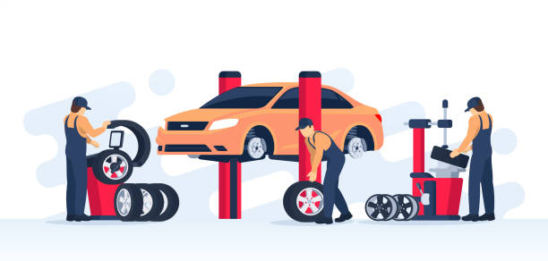 Tire service concept. Tire service concept. Car mechanic check the condition of the wheels and repair them. Garage with the car on the lift. Vector illustration in flat / cartoon style. repair shop stock illustrations