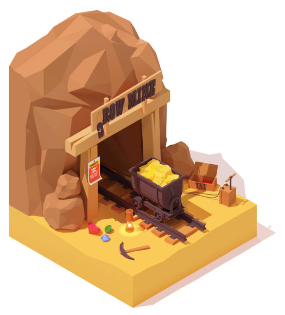 Vector isometric old gold mine and mine cart Vector isometric old gold mine entrance and rusty mine cart or mine trolley loaded with gold. Dynamite or TNT detonator, vintage lamp, mining equipment, precious gemstones. Cryptocurrency mining gold mining panning stock illustrations