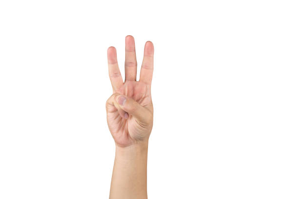 istock Asian hand shows and counts 3 finger on isolated white background with clipping path 1211157443