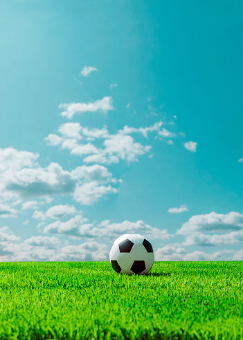 A soccer ball lays on a field where the grass has been cut. Ready for kick off. The ball is seen from the side. Blue sky with some clouds in the background.