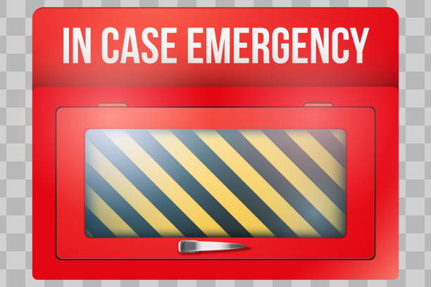 Empty red box with in case of emergency Empty red emergency box with in case of emergency breakable glass. Vector illustration Isolated on transparent background. emergency break glass box stock illustrations
