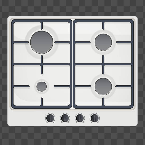 surface of gas stove Surface of gas hob. Domestic kitchen equipment. White Color. Above view of stove. Editable Vector illustration Isolated on transparent background. electric plug dark stock illustrations