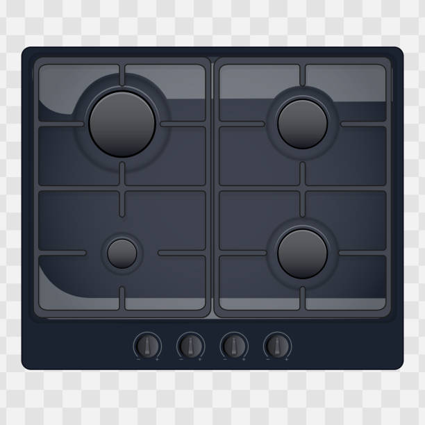 surface of gas stove Surface of gas hob. Domestic kitchen equipment. Black Color. Above view of stove. Editable Vector illustration Isolated on transparent background. electric plug dark stock illustrations