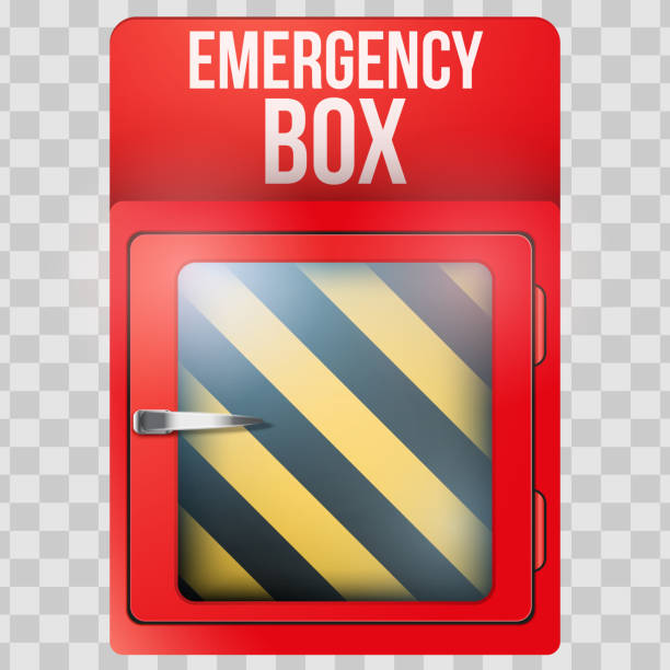 Empty red box with in case of emergency Empty red emergency box with in case of emergency breakable glass. Vector illustration Isolated on transparent background. emergency break glass box stock illustrations