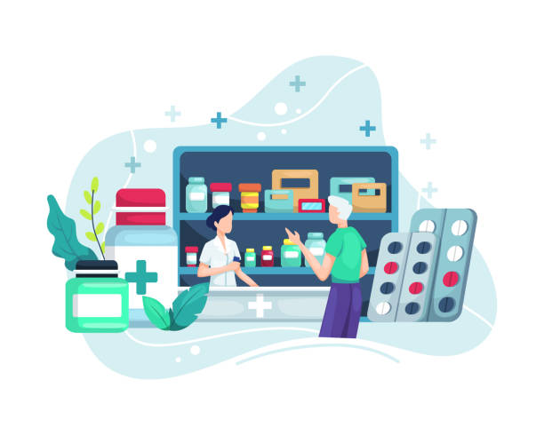 Pharmacist at counter in pharmacy Vector illustration Pharmacist at counter in pharmacy. Pharmacy with pharmacist in counter and people buying medicine. Store and Doctor pharmacist and patient. Vector illustration in a flat style patient designs stock illustrations