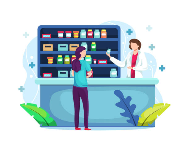 illustrations, cliparts, dessins animés et icônes de pharmacien au comptoir en pharmacie - pharmacie