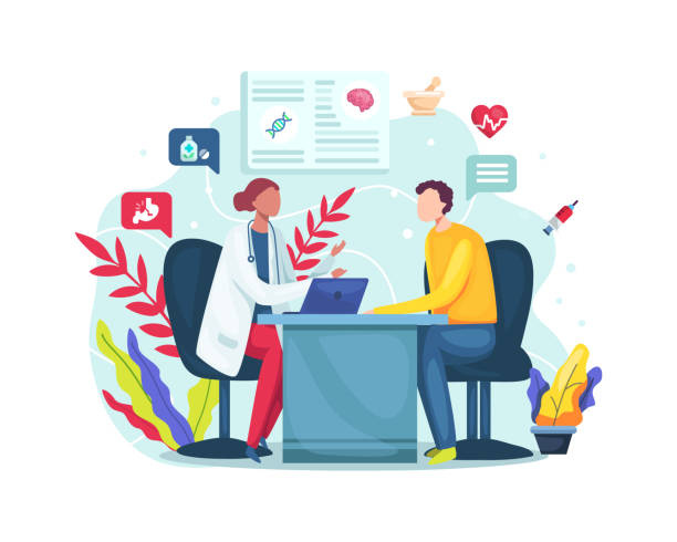 Conversation with medic about checkup results Vector illustration Female doctor talking to patient at hospital office. Conversation with medic about checkup results. Consultation in clinic office. Vector illustration in a flat style clinic men healthcare and medicine doctor stock illustrations