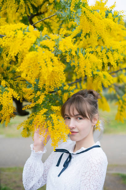istock A woman watching mimosa blossoms 1211163212