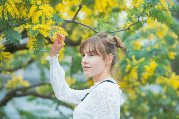 istock A woman watching mimosa blossoms 1211163336
