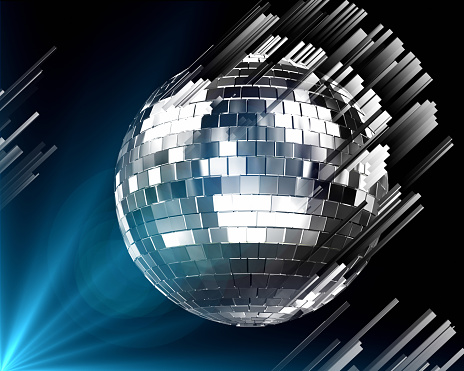 Abstract 3d illustration with render disco ball and blurred lines on black background and spot  effect.