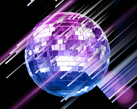 Abstract 3d illustration with color disco ball and blurred  lines on black background in spotlight.