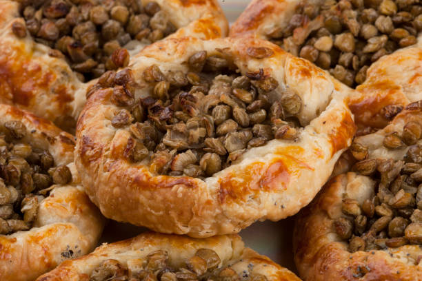 macro shot of new baked pie pieces. turkish cuisine, borek, pastries, recipes, traditional tastes concept. - lentil full frame macro close up imagens e fotografias de stock