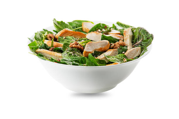 green salad with chicken breast and nuts - chicken salad grilled chicken grilled imagens e fotografias de stock