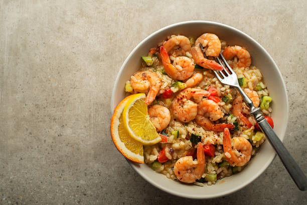 Risotto meal with grilled shrimps