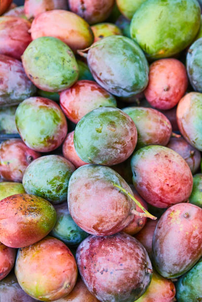 istock Plums with leaves lie on a counter in a store top view. 1211166400