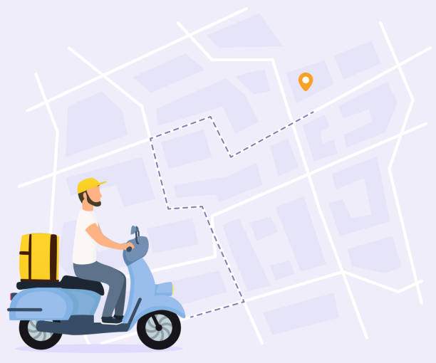 Food delivery vector illustration. Courier man on scooter with yellow parcel box on the back. Route with dash line trace Food delivery vector illustration. Courier man on scooter with yellow parcel box on the back. Route with dash line trace and finish point on city map. Top view. bike hand signals stock illustrations