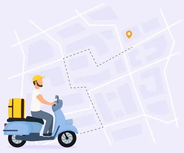 Vector illustration of Food delivery vector illustration. Courier man on scooter with yellow parcel box on the back. Route with dash line trace