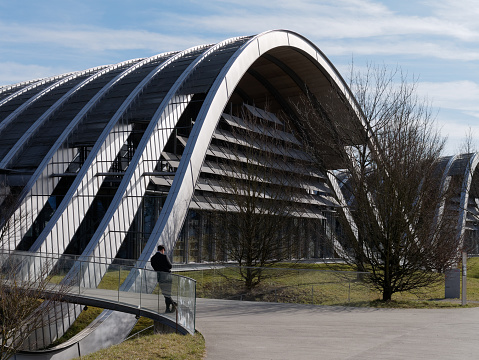 Bern / Switzerland. FEB 15 2020: Close-up of Zentrum Paul Klee, a museum dedicated to the artist Paul Klee, designed by the Italian architectural practice of Renzo Piano