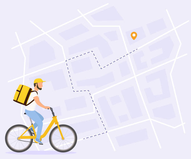 Food delivery vector illustration. Courier man on bicycle with yellow parcel box on the back. Route with dash line trace Food delivery vector illustration. Courier man on bicycle with yellow parcel box on the back. Route with dash line trace and finish point on city map. Top view. bike hand signals stock illustrations