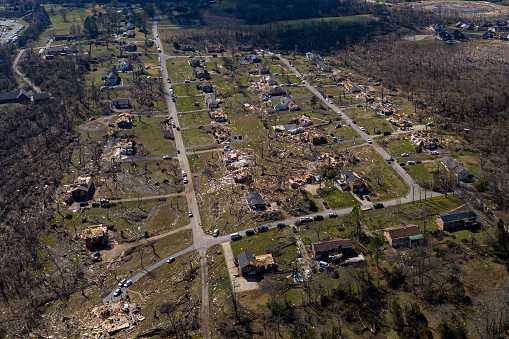 A drone image of a neighborhood in Nashville, TN that was severely impacted by a powerful tornadol