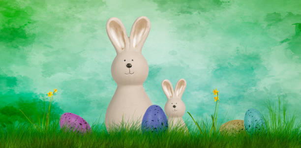 colorful easter background with bunnies and easter eggs - 11275 imagens e fotografias de stock