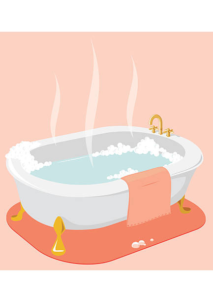 An illustration of a hot bath tub with pink towel  Free standing steamy bath with bubbles and towel bathtub illustrations stock illustrations