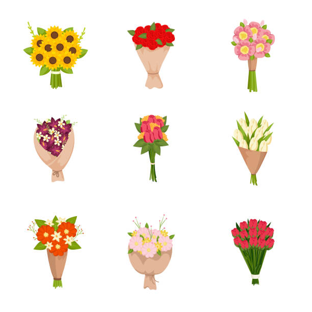 Festive gift bouquets of flowers icons set on empty background Festive gift bouquets of fresh flowers icons set on empty background. Cartoon colorful floral arrangement, flowering bunch. Invitation poster, card. Botanical garden wedding or valentine concept bouquet stock illustrations