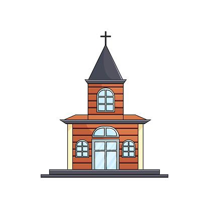 Wooden church with cross on roof over empty background. Traditional cultural religious building wood construction for population. Country, village, rural architecture. Mountain chalet exterior