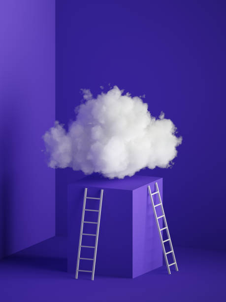 istock 3d render, white cloud levitating above the cube pedestal, square podium, ladder, minimal room interior. Floating cumulus. Objects isolated on violet blue background, modern design, abstract metaphor. 1211178676