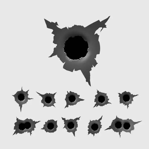 Vector illustration of Set of Bullet Holes. different damaged element from bullet on metallic surface. vector illustration