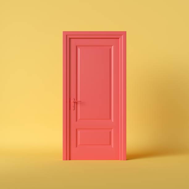 3d rendu, fermé rouge porte classique isolée sur fond jaune vif. concept intérieur minimal de pièce. conception moderne, métaphore abstraite - close color photos et images de collection