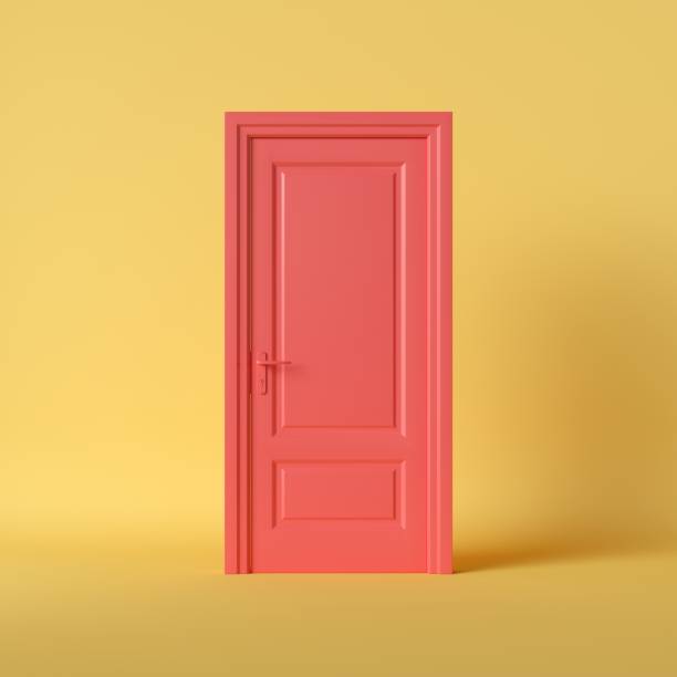 3d рендер, закрытая красная классическая дверь изолирована на ярко-желтом фоне. минимальная концепция интерьера комнаты. современный дизай� - дверь иллюстрации стоковые фото и изображения